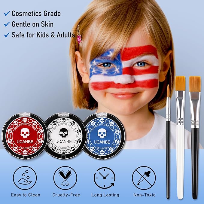 US Flag Red White Blue Joker Face Body Paint with Brushes for Halloween & 4th of July USA Independence Day America’s Patriotic Parades, Face Painting Kit for Kids Adults Devil Dress-Up Costume Cosplay