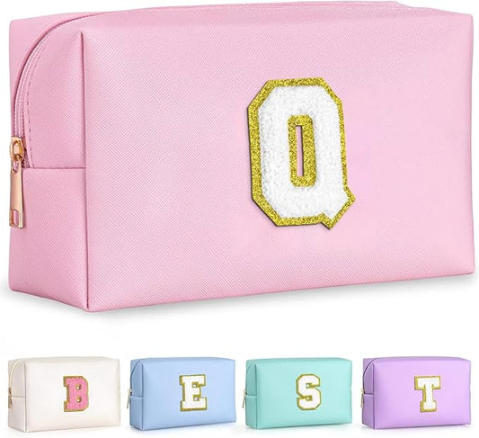 TOPEAST Preppy Pink PU Leather Makeup Bag with Gold Glitter Chenille Patch, 8.3in x 3.5in x 4.9in