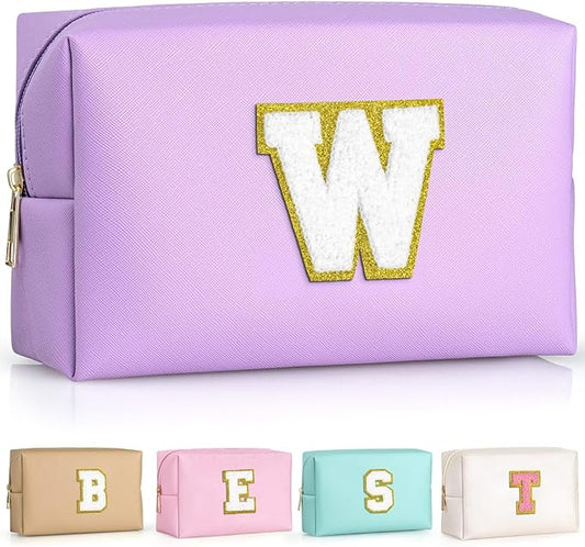 TOPEAST Initial Makeup Bags for Women, Cute Makeup Pouch, Waterproof Travel Toiletry Bag, Personalized Gifts for Girlfriend Wife on Valentine's Day Anniversary, Preppy Stuff Gift for Girl (Purple W)
