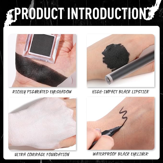 UCANBE Black Halloween Makeup Kit – Skeleton Skull Vampire Gothic Makeup Set for SFX Cosplay Costume -Eyeshadow, White Foundation, Black Lipstick & Eyeliner, Self Adhensive Eyelashes, Brush & Sponges