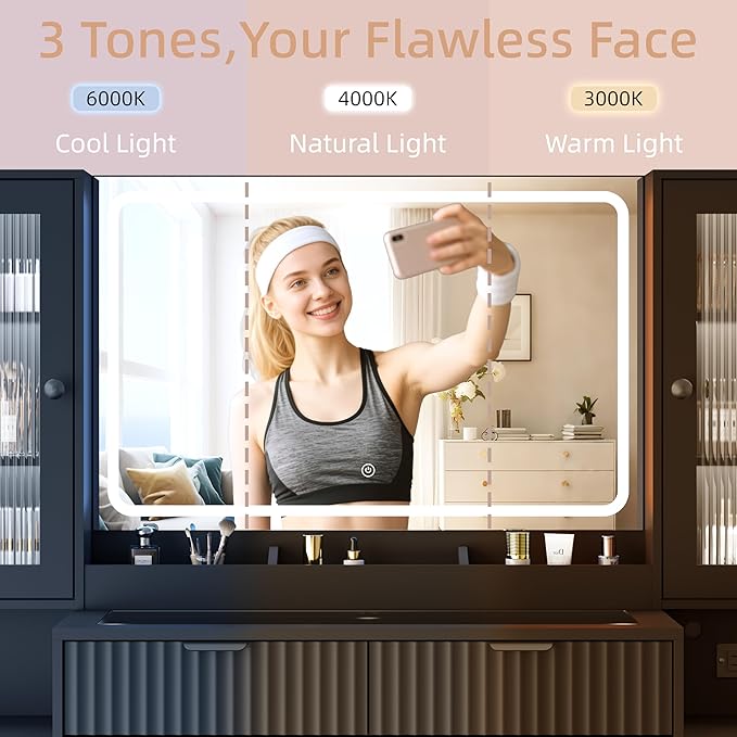 55" Vanity Desk with Mirror & Lights, Fluted Makeup Vanity with 8 Drawers & 4 Cabinets, Tempered Glass Top, RGB Cabinet Lighting, 3-Color Dimmable Mirror, and Charging Station (Matte Black)