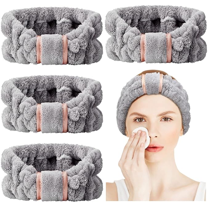 WILLBOND 4 Pack Microfiber Headbands Spa Facial Headbands Makeup Head bands Elastic Terry Cloth Head Wrap for Women Girls Washing Face Makeup Shower Yoga Sports(Gray)