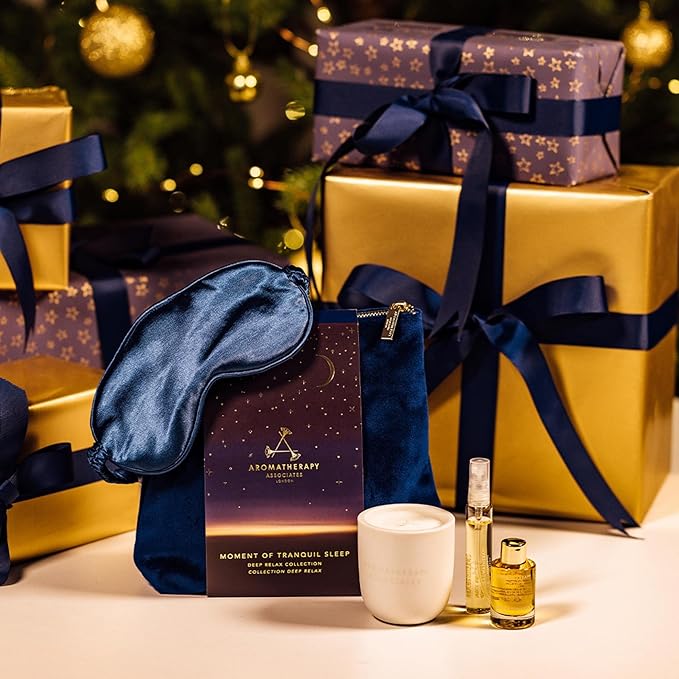 Aromatherapy Associates Moment of Tranquil Sleep. Luxurious Holiday Gift Set Includes Deep Relax Bath & Shower Oil, Sleep Mist, Candle Votive, Eye Mask and Lush Velvet Bag (1 Count)