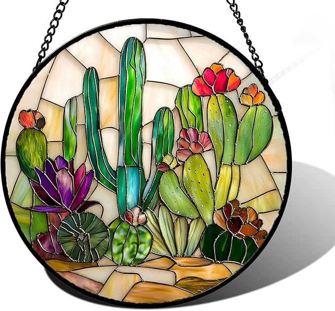 Stained Glass Window Hanging, White Green Cactus Suncatcher Diamond Glass Panel Hangings Sun Catchers Decor for Birthday for Women, Men, Wife, Aunt, and Mom 9.8 in