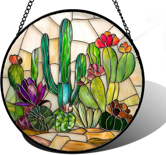 Stained Glass Window Hanging, White Green Cactus Suncatcher Diamond Glass Panel Hangings Sun Catchers Decor for Birthday for Women, Men, Wife, Aunt, and Mom 9.8 in
