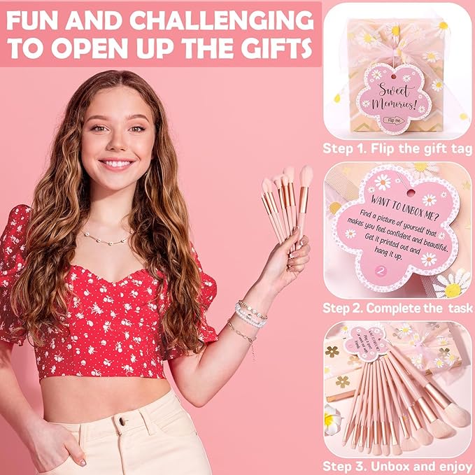 Birthday Gifts for Tween Teen Girls - 8 PCS Gifts Basket Teen Girl Gifts Trendy Stuff Girls Fun Empower Gift Box w/Task Tags Make up Brushes Makeup Bag, Graduation Gifts Idea for Her Niece Daughter