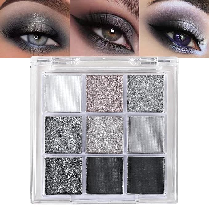 Erinde Black Smokey Gray Silver Eyeshadow Palette, 9 Colors Matte Shimmer Glitter Eye Shadow Makeup Pallet, Highly Pigmented Long Lasting Waterproof, Natural Neutral Shiny Eyeshadow Make Up Palette