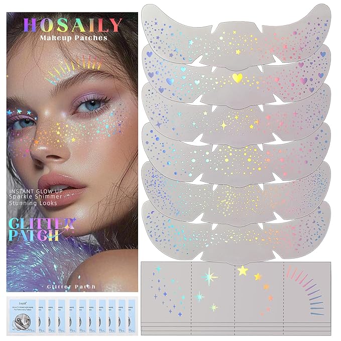 10pcs Holographic Multichrome Silver Glitter Freckles Face Tattoo Set, Color Shift Waterproof Sparkle Face Speckles Patches for Women, Cute Temporary Tattoo Rave Accessories for Fairy Makeup
