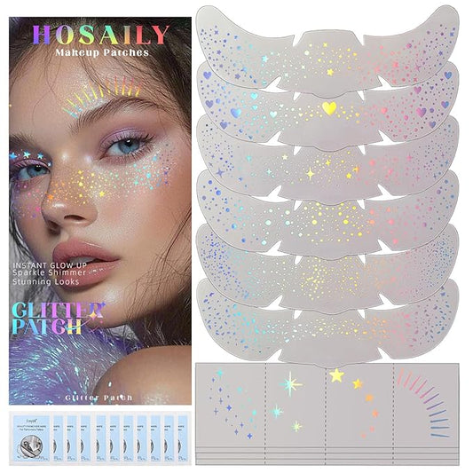 10pcs Holographic Multichrome Silver Glitter Freckles Face Tattoo Set, Color Shift Waterproof Sparkle Face Speckles Patches for Women, Cute Temporary Tattoo Rave Accessories for Fairy Makeup