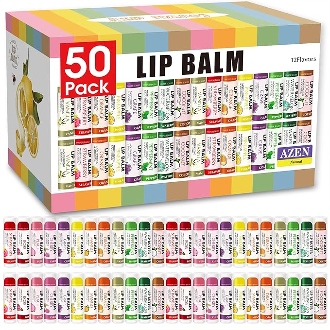 AZEN 50 Pack Lip Balm, Natural Lip Balm Bulk, Lip Care Product, Moisturizing Lip Balms for dry cracked lips - 12 Flavors
