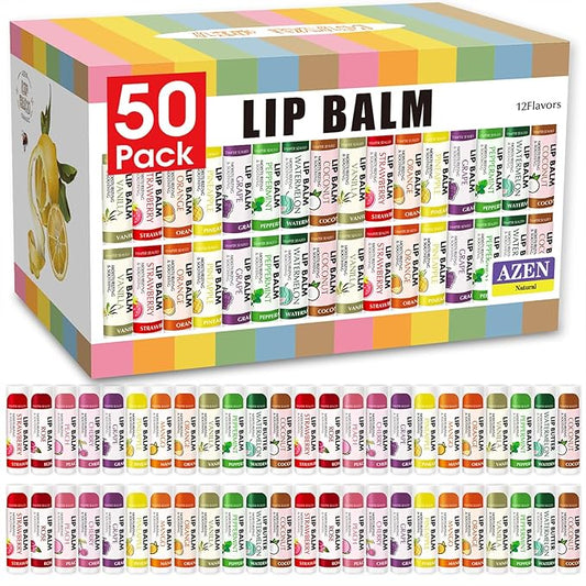 AZEN 50 Pack Lip Balm, Natural Lip Balm Bulk, Lip Care Product, Moisturizing Lip Balms for dry cracked lips - 12 Flavors