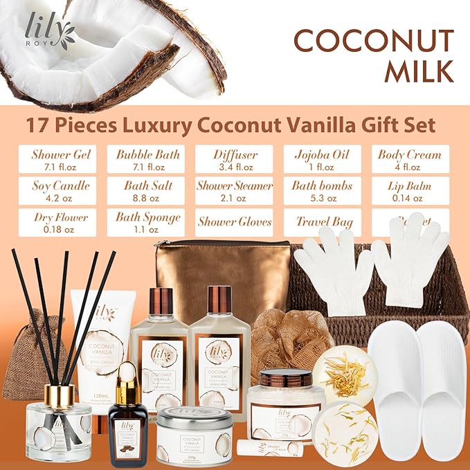 Bath and Body Gift Basket Set for Women - Coconut Vanilla Spa Gift Basket for Women 17-Piece Luxury Bath Gift Set with Shower Gel Self Care Pampering Gifts for Mothers Day, Christmas, Birthday Gifts