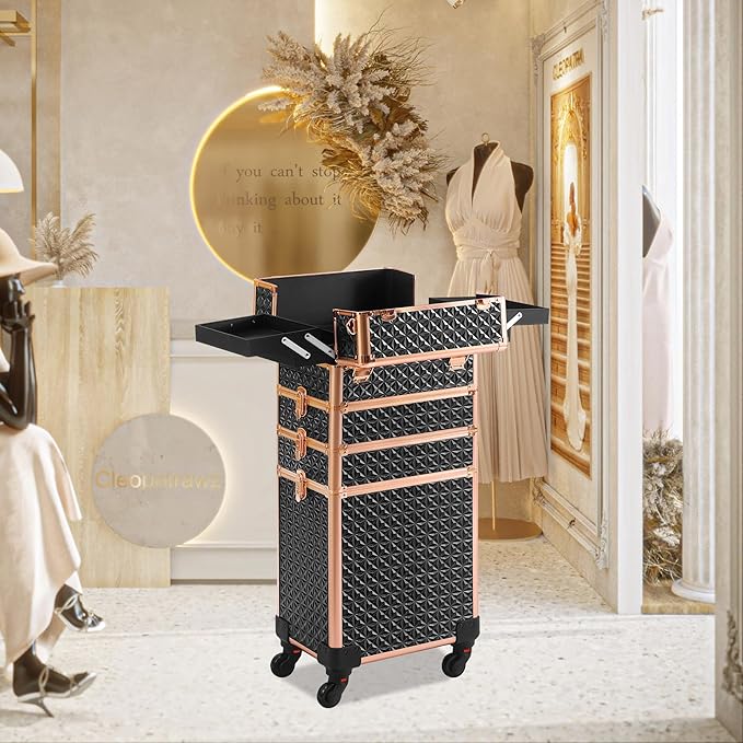 Rolling Makeup Case, Makeup Train Case with Lid, 5 in 1 Cosmetology Case on Wheels, Christmas Gift, Large Makeup Organizers, Profesional Cosmetic Case for Salon Barber, Black gold