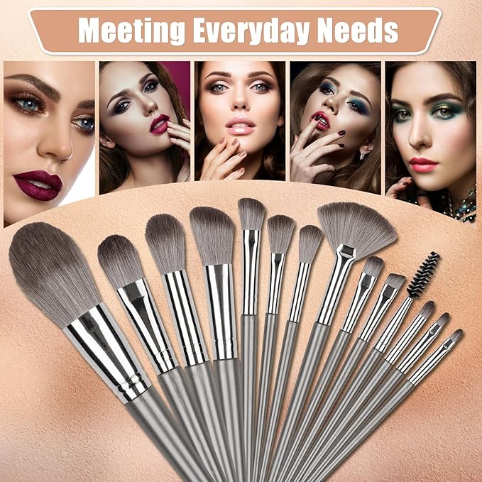 Makeup Brushes, 14 Pcs Professional Makeup Brush Set, Eye and Face Foundation Brush Set, Eyeshadow Brushes, Cosmetic Brushes, with 2 Blender Sponge and PU Case, Silvery