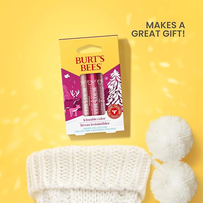 Burt's Bees Shimmer Lip Tint Stocking Stuffers Set, Tinted Lip Balm, Moisturizing for All Day Hydration with Natural Glowy Pigmented Finish & Buildable Color, Kissable Color, Warm Collection (3-Pack)