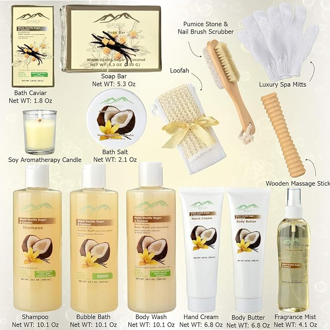 Vanilla Coconut Spa Gift Set Bath & Body Gift Basket. Natural Large Spa Basket! #1 Spa Gift Basket for Women and Men!