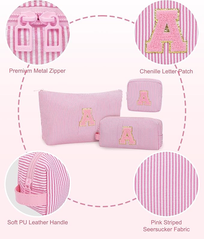 MONSTINA Initial Makeup Bag Set for Women,Monogram Cosmetic Bag,Personalized Make Up Case for Girlfriend Graduation Teacher Gifts,Cute Toiletry Bag Preppy Chenille Letter Patch,Pink A