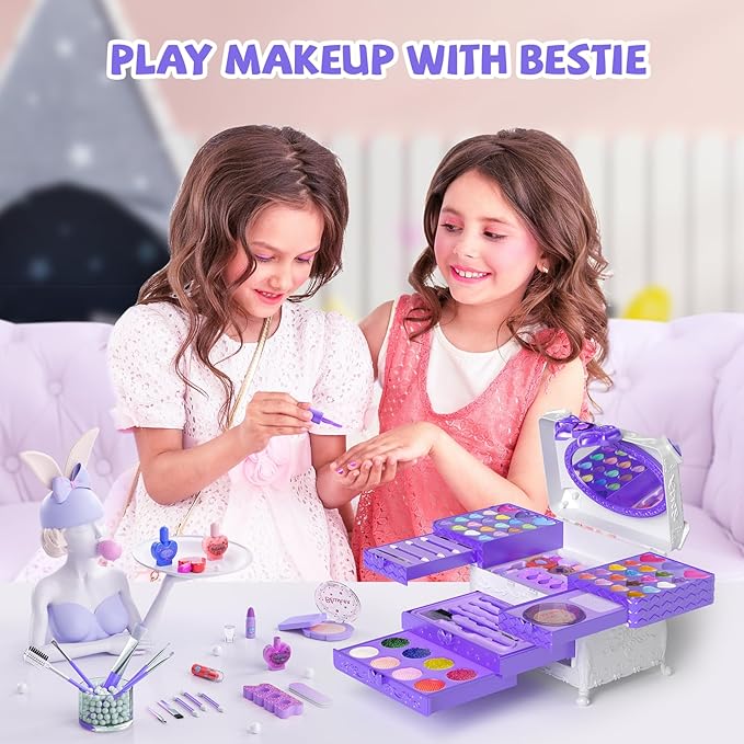 Kids Makeup Sets for Girls, 66pcs Real Cosmetic for Kids Toys with Mirror, Princess Washable Girls Makeup Kit, Non-Toxic & Safe Brithday Gifts for 3 4 5 6 7 8 10 - 12 Years Old（Light Purple）