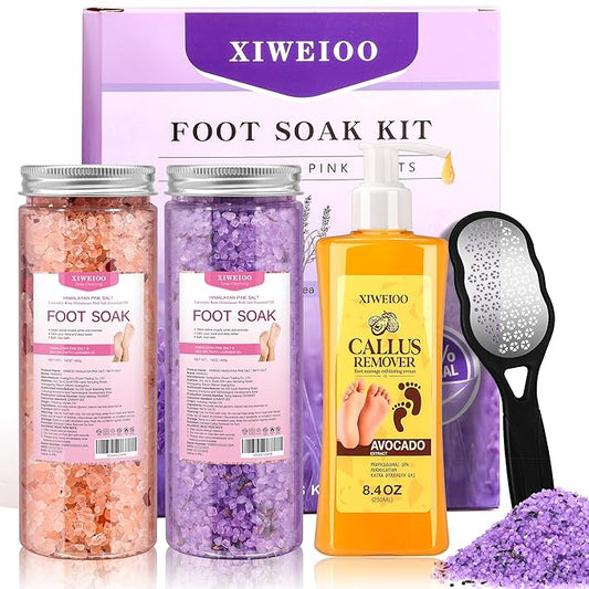 Himalayan Pink FOOT SOAK SALT Kit Tea Tree Oil - Moisturize, Foot Odor cream spa bath massager Epsom Salt foot pedicure at home spa Callus Remover Gel Kit Foot file tools