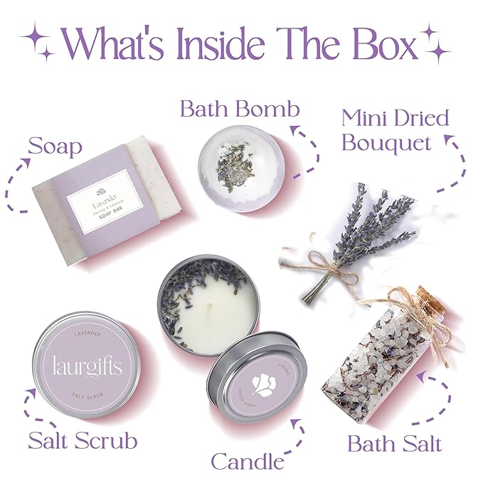 Lavender Spa Gift Set & Basket for Women – Relaxing Self Care Package with Candle, Bath Bomb, Soap & Scrub – Birthday, Thank You, Christmas, Housewarming, Bridal Shower, Get Well Soon Gifts