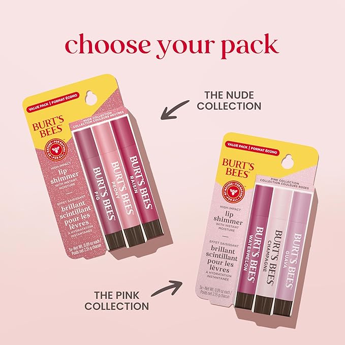 Burt's Bees Christmas Gifts, Lip Shimmer Nude Collection, Tinted Lip Balm Stick, Moisturizing for Hydration with Natural Glowy Pigmented Finish & Buildable Color, Value Pack, 3 Tubes x 0.09 Oz