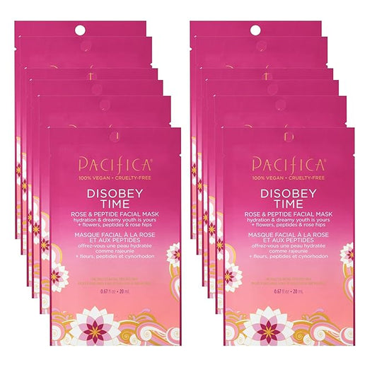 Pacifica Disobey Time Rose & Peptide Facial Sheet Mask 12-PACK Hydrating Anti-Aging Mask for Fine Lines & Dry Skin Infused w/Hyaluronic Acid & Chamomile Vegan & Cruelty-Free Dermatologist Tested