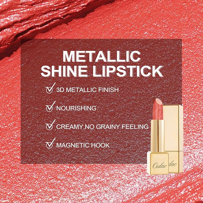 Oulac Coral Matte Lipstick with Glow Metallic Finish - Vegan Lipstick for Women, Creamy Texture, Hydrating Clean Beauty Formula, High-End Magnetic Hook Design, GM12 Celestial