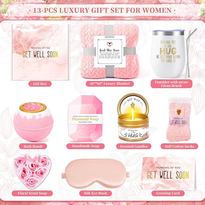 14PCS Get Well Soon Gift Baskets for Women, Birthday Baskets, Get Well Soon Gifts for Women After Surgery, Birthday Thinking of You Mothers Day Gifts for Mom Her Friend Sister Wife