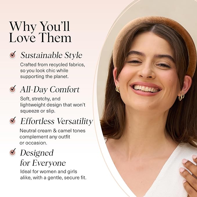 Kitsch Velvet & Satin Headbands for Women - Non Slip, Soft and Lightweight - Stylish Headbands for Girls with Chic Neutral Shades | Ideal Gifts for Women - Cream & Camel, 2pc Set