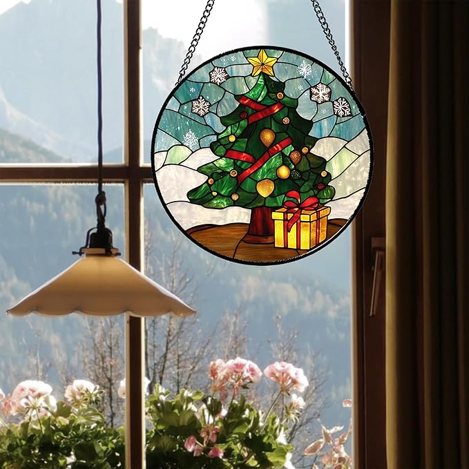 Stained Glass Window Hanging Green Christmas Tree Snowflake 9.8" - Suncatcher Door Garden Sun Catcher Xmas Holiday Decor Birthday for Mom Men Woman Friend Nana