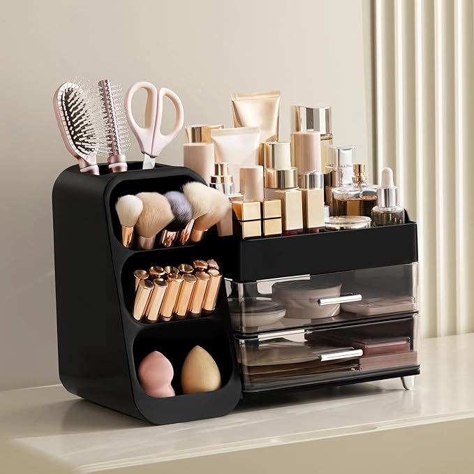 HBlife Makeup Organizer with Brush Holder for Vanity, Large Plastic Bathroom Countertop Organizer Cologne Organizer for Men, Easy to Store Lipsticks, Nail Polishes, Perfumes, Eyeshadow Palettes, Black