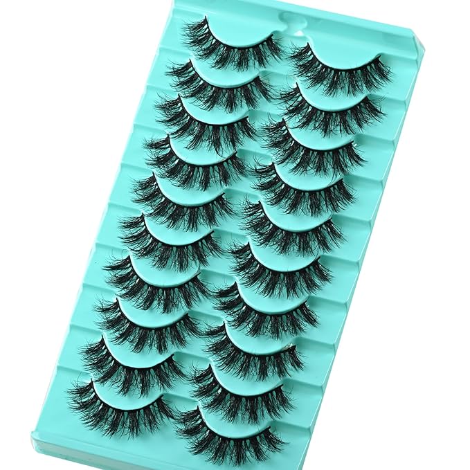 Wispy Lashes Fluffy Mink Eyelashes 16mm Natural Thick False Eye Lash Strips 10 Sets Medium Wispies Fake Strip Eyelash Wet Spikes Style Full Volume Cateye Spiky Lashes Manga Look
