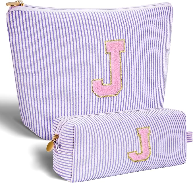Monogrammed Gifts for Women - Cosmetic Bag for Teen,Initial Cute Makeup Bag Set for Women,Trendy Pouch for Niece Sister Friend Female Her,Birthday Gifts for Daughter - Lavender,J