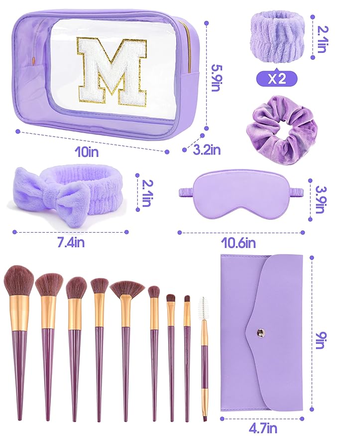 Gift Sets for Women, Initial Makeup Bag with Makeup Brush Set Bachelorette Party Favors, Purple Spa Kit with Skincare Headbands Wrist Bands Sleepover Party Supplies Gifts for Teen Girls Bridesmaid M