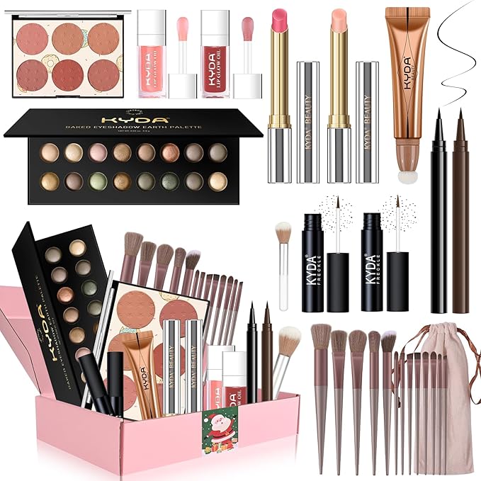 KYDA 24Pcs All In One Makeup Kit, Christmas Makeup Gift Full Kit Includ Eyeshadow,Freckle Pen,Lipstick,Lip Oil,Eyeliner,Contour, 13 Brushes, Professional Makeup Set for Women Beginners Teenager Girls