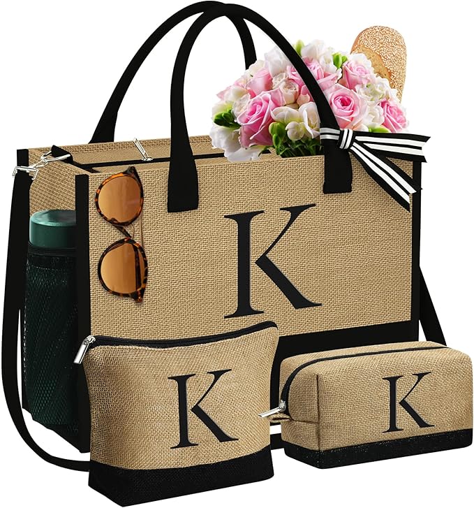 YOOLIFE Gifts for Women - Initial Jute Tote Bag & 2 Makeup Bags Personalized Gifts for Women Teacher Mom Friend Birthday