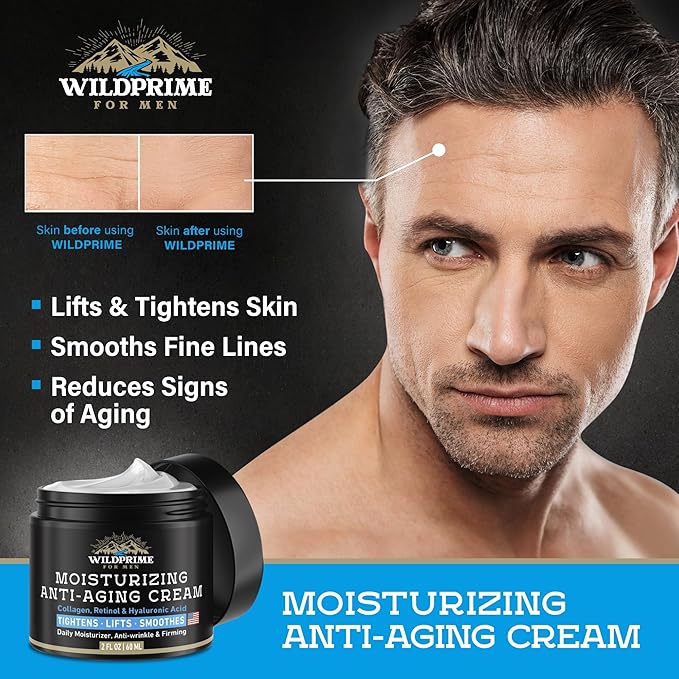 Men's Face Moisturizer Cream - Anti Aging & Wrinkle - Made in USA - Collagen, Hyaluronic Acid, Retinol, Vitamins E & A, Avocado Oil - After Shave - Age Facial Skin Care, Day & Night Moisturizing, 2 oz