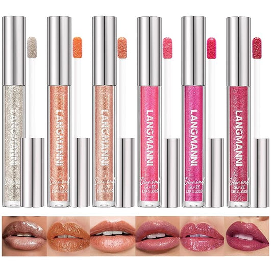 LANGMANNI 6 Colors Diamond Glitter Lip Gloss Set,Long Lasting High Shine Shimmer Liquid Lipstick Set,Hydrating,Moisturizing Lip Gloss Kit Gift Makeup For Girls(#01+02+03+04+05+06)