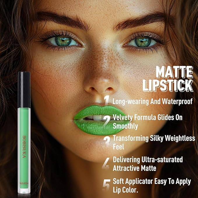 BOBISUKA Eyeshadow + Matte Lipstick Makeup Set, 6 Colors Green Red Shimmer Matte Gold Glitter Eye Shadow Pallet with Green Liquid Lipstick Makeup Kit for Christmas, Halloween, St Patricks Day