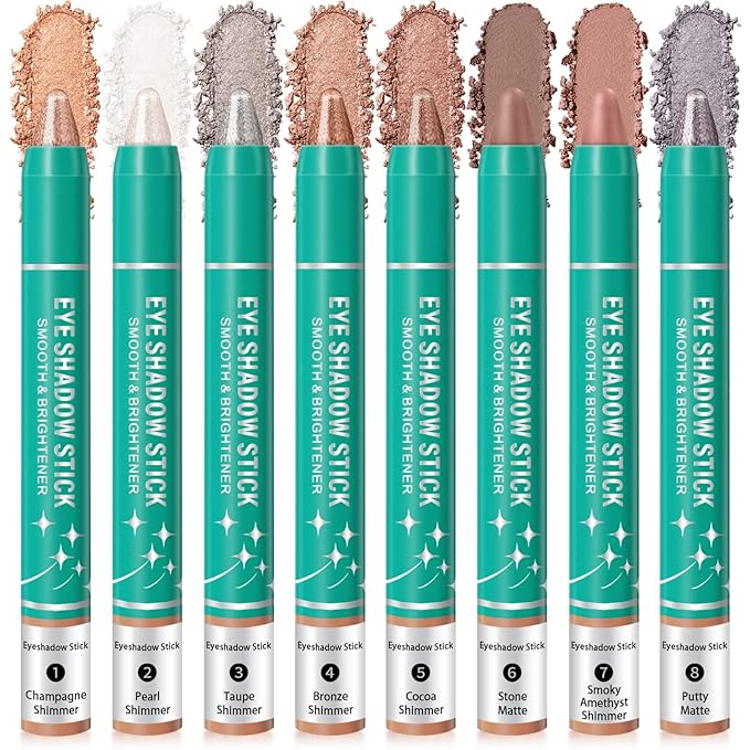 8Pcs Eyeshadow Stick, Cream Eye Shadow Brightener Sticks Set for Eyes, Champagne Pearl Taupe Bronze Cocoa Stone Putty Smoky Amethyst Shimmer Matte Pencil Eye Eye Liner Makeup Waterproof (SET A)