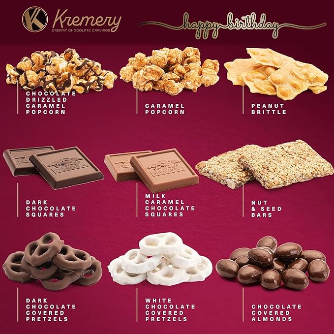 KREMERY Creamy Chocolate Cravings - Happy Birthday Treats, Chocolate Covered Pretzels & Caramel Popcorn Gift Basket, in Seagrass Tray + Ribbon & Greeting Card (Deluxe, 3.5 lbs) Food Assortments USA Made