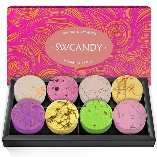 Shower Steamers Aromatherapy Travel Essentials for Women- SWCANDY 8 Pcs Bath Bombs Birthday Gifts for Men, Sister, Shower Bombs Stocking Stuffers Christmas Gifts Fruity