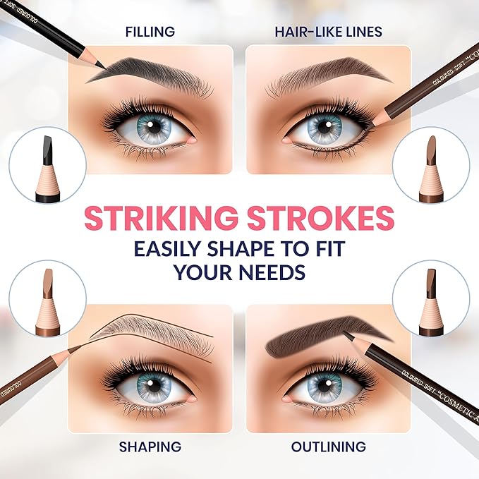 Stylia Waterproof Eyebrow Pencils For Women – Long-Lasting Microblading Supplies Brow Pencil, Perfect for Eyebrow Shaper, Filling & Defining Natural-Looking Brow - (12PC in 5 Colors)