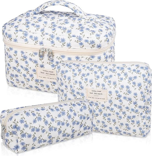 Makeup Bag Set, Quilted Makeup Bag, Large Floral Cosmetic Bag for Women, Cute Cotton Makeup Bags, Flower Travel Toiletry Organizer Bag (Blue Peacock Flower)