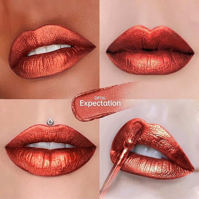 Red Lipsticks for Women Metallic Lipstick Long Lasting Non Stick Cup Lip Gloss, Shimmer Lightweight Hydrating Full Coverage Lip Color, DP116 Expectation