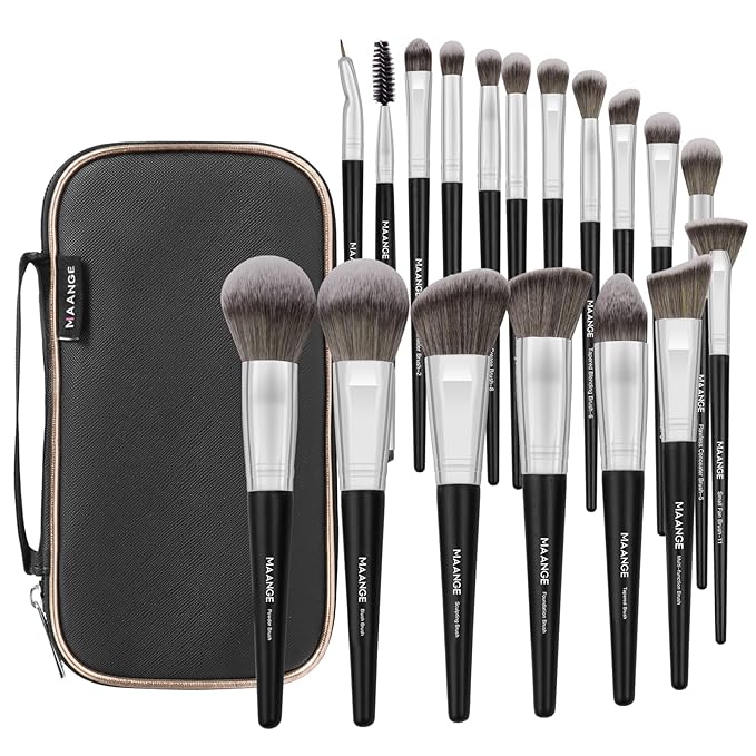 Makeup Brushes with Case, MAANGE 18 Pcs Professional Makeup Brush Set Premium Synthetic Face Kabuki Brush Kit Foundation Blush Powder Eyeshadow Brushes Set Christmas Gift (BlackSliver)
