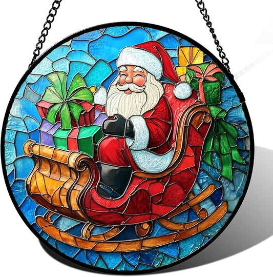Stained Glass Window Hanging - Red Santa Claus Gift Box Suncatcher for Doors Home Christmas Decoration Winter Sun Catcher Thanksgiving New Year Birthday Gift for Women Men Mom Nana 11.8 in