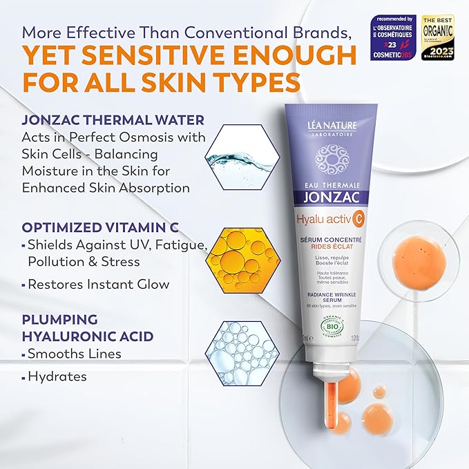 Eau Thermale Jonzac Organic Hyalu Activ C Serum for Face & Eyes - Optimized Vitamin C 5x More Stable With Hyaluronic Acid - Anti-Wrinkle - Brighter & Plumped Skin - 1.01 Fl Oz