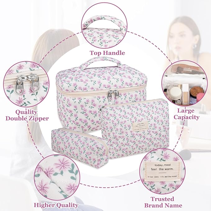 Makeup Bag Set, Quilted Makeup Bag, Large Floral Cosmetic Bag for Women, Cute Cotton Makeup Bags, Flower Travel Toiletry Organizer Bag (Purple Flower)