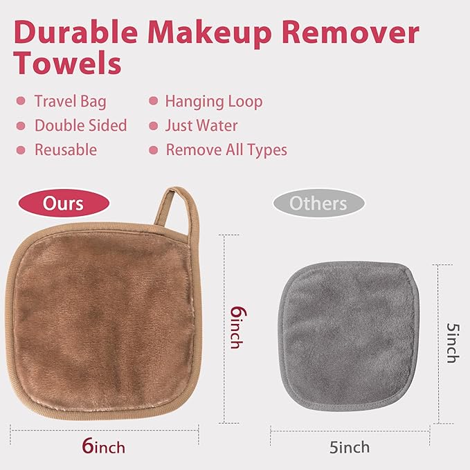 Makeup Remover Cloth, 6" x 6" Make Up Towels Reusable Face Cloth for Washing Face, Makeup Remover Pads Microfiber Face Washcloth with Mesh Bag, Just Water, 12 Pack, Light Brown